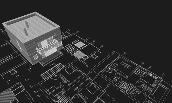 抽象立方住宅3D渲染 — 图库照片