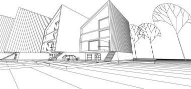 Modern ev çizimi 3d illüstrasyon