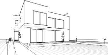 Modern ev mimari projesi çizimi 3D illüstrasyon