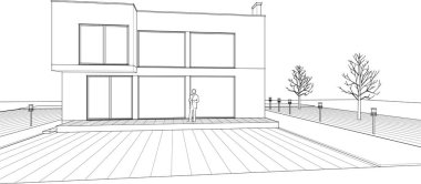 Modern ev mimari projesi çizimi 3D illüstrasyon