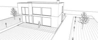 Modern ev mimari projesi çizimi 3D illüstrasyon