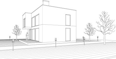 Modern ev mimari projesi çizimi 3D illüstrasyon