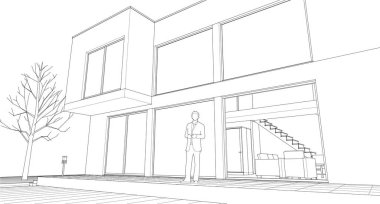 Modern ev mimari projesi çizimi 3D illüstrasyon