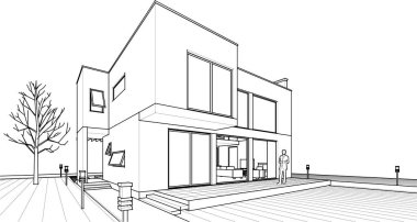 Modern ev mimari projesi çizimi 3D illüstrasyon