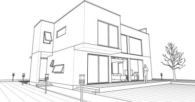 Modern ev mimari projesi çizimi 3D illüstrasyon