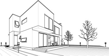 Modern ev mimari projesi çizimi 3D illüstrasyon