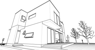 Modern ev mimari projesi çizimi 3D illüstrasyon