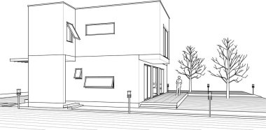 Modern ev mimari projesi çizimi 3D illüstrasyon