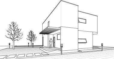 Modern ev mimari projesi çizimi 3D illüstrasyon