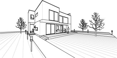 Modern ev mimari projesi çizimi 3D illüstrasyon