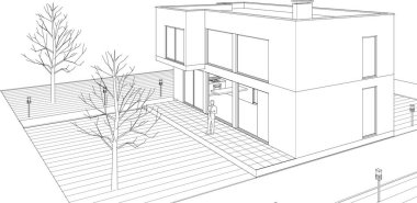 Modern ev mimari projesi çizimi 3D illüstrasyon