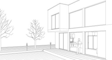 Modern ev mimari projesi çizimi 3D illüstrasyon