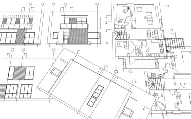 Modern ev mimari projesi çizimi 3D illüstrasyon