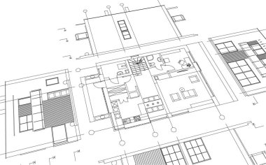 Modern ev mimari projesi çizimi 3D illüstrasyon