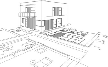 Modern ev mimari projesi çizimi 3D illüstrasyon