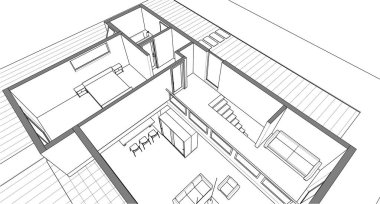 Modern ev mimari projesi çizimi 3D illüstrasyon