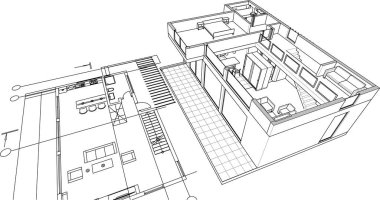 Modern ev mimari projesi çizimi 3D illüstrasyon