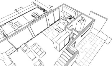 Modern ev mimari projesi çizimi 3D illüstrasyon