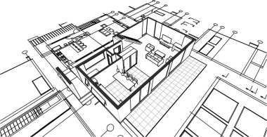 Modern ev mimari projesi çizimi 3D illüstrasyon