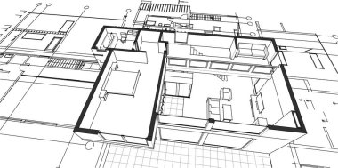 Modern ev mimari projesi çizimi 3D illüstrasyon