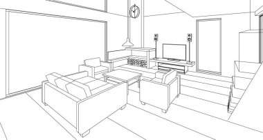 İç mutfak oturma odası 3D görüntü