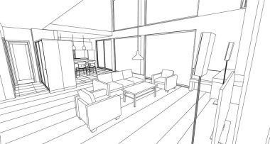 İç mutfak oturma odası 3D görüntü