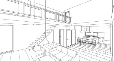 İç mutfak oturma odası 3D görüntü