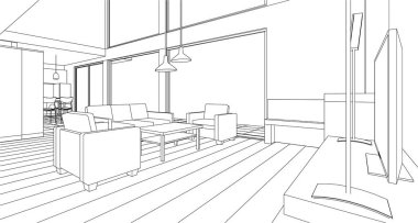 İç mutfak oturma odası 3D görüntü