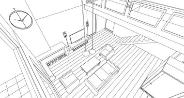 İç mutfak oturma odası 3D görüntü