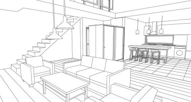 İç mutfak oturma odası 3D görüntü