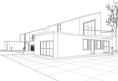 Modern ev mimari projesi çizimi 3D illüstrasyon