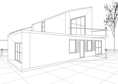 Modern ev mimari projesi çizimi 3D illüstrasyon