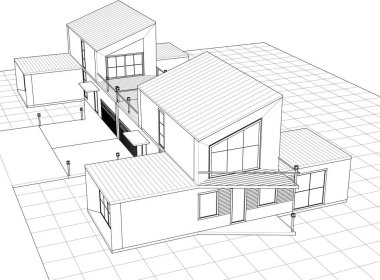 Modern ev mimari projesi çizimi 3D illüstrasyon
