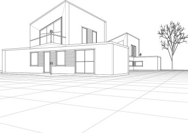 Modern ev mimari projesi çizimi 3D illüstrasyon