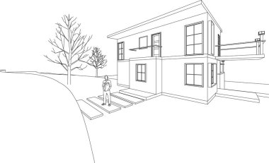 Modern ev mimari projesi çizimi 3D illüstrasyon