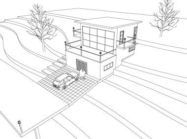 Modern ev mimari projesi çizimi 3D illüstrasyon