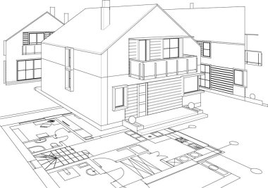 Modern ev mimari projesi çizimi 3D illüstrasyon