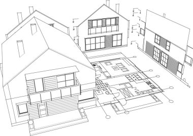 Modern ev mimari projesi çizimi 3D illüstrasyon