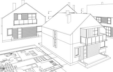 Modern ev mimari projesi çizimi 3D illüstrasyon