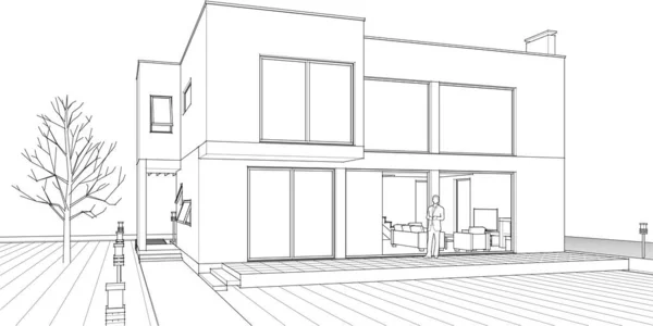Casa Moderna Projeto Arquitetônico Esboço Ilustração —  Vetores de Stock
