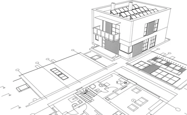 Modern Hus Arkitektoniska Projekt Skiss Illustration — Stock vektor