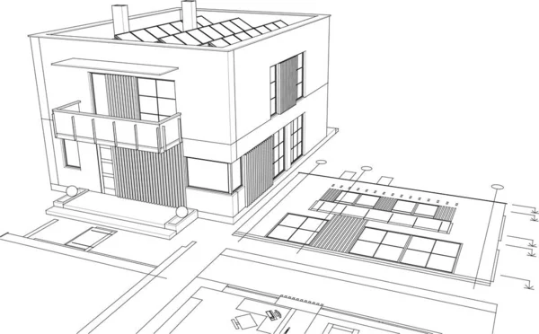 Casa Moderna Proyecto Arquitectónico Bosquejo Ilustración — Vector de stock