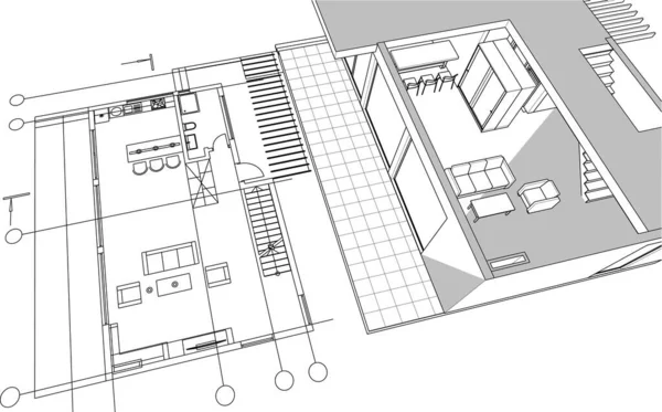 Moderní Dům Architektonický Projekt Skica Ilustrace — Stockový vektor