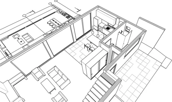 Modern Hus Arkitektoniska Projekt Skiss Illustration — Stock vektor