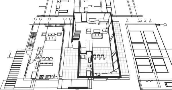 Casa Moderna Projeto Arquitetônico Esboço Ilustração — Vetor de Stock