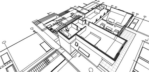 Moderní Dům Architektonický Projekt Skica Ilustrace — Stockový vektor