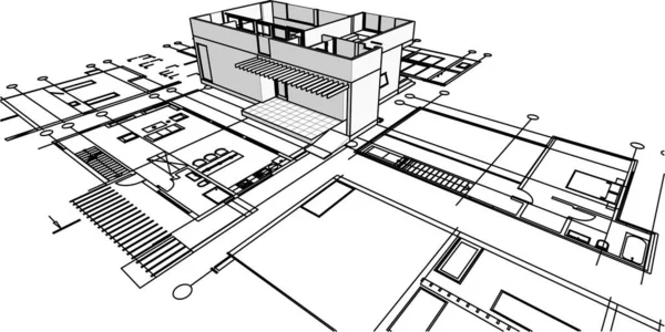 Moderní Dům Architektonický Projekt Skica Ilustrace — Stockový vektor