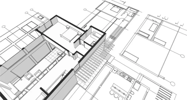 Casa Moderna Projeto Arquitetônico Esboço Ilustração — Vetor de Stock