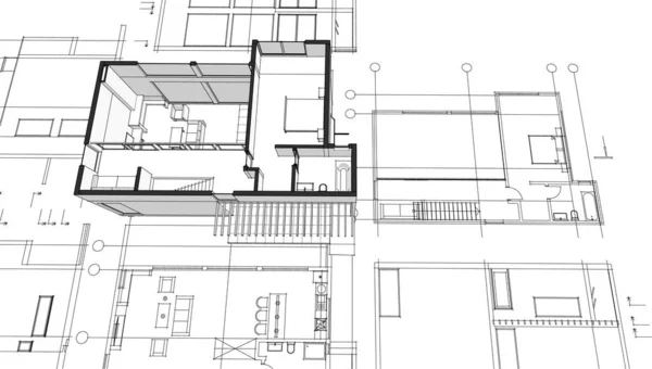 Modern Ház Építészeti Projekt Vázlat Illusztráció — Stock Vector
