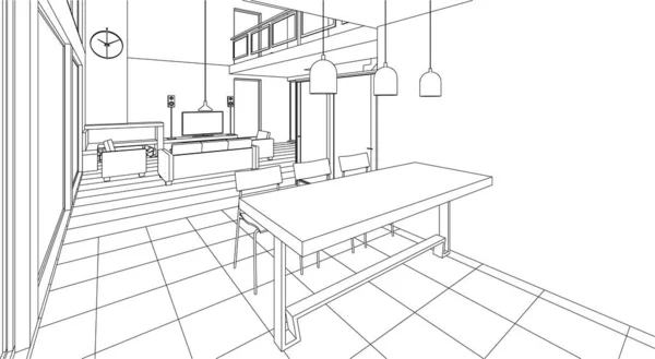 Interior Dapur Ruang Tamu Ilustrasi - Stok Vektor